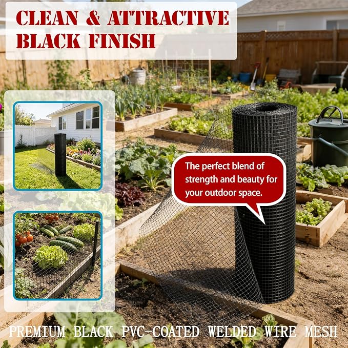 Black Hardware Cloth 1inx48inx100ft, 17GA, Chicken Wire Fencing Roll, Black Chicken Wire Mesh, Vinyl PVC Coated Welded Wire Mesh for Chicken Coop Barrier, Rabbit Snake Poultry Fences