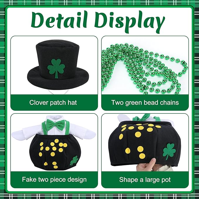 Watayo 4 Pcs/Set St. Patrick's Day Porch Goose Outfits, Shamrock Gold Coin Lawn Goose Statue Costume, Irish Clover Pot Garden Goose Clothes with Hat Bead Necklaces for 23" High Statue Patio Yard Decor