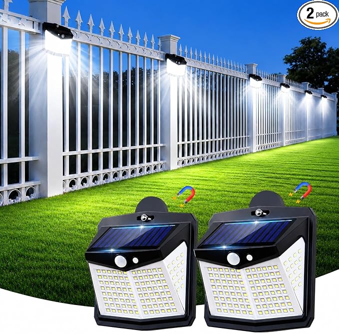 Magnetic Solar Lights Outdoor, No Drill Motion Sensor Solar Fence Lights, 600LM 128 LED Magnetic Step Lights for Metal Fence, RV, Deck Railing, Garage, IP65 Waterproof Outdoor Security Lighting(2Pack）