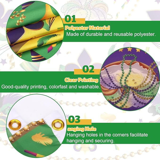 6pcs Mardi Gras Garden Flag, 90x45cm/35.4x17.7in Mardi Gras Carnival Garden Flag Banner Seasonal Outdoor Decoration for Yard Porch Courtyard Railings Window Door Decorations