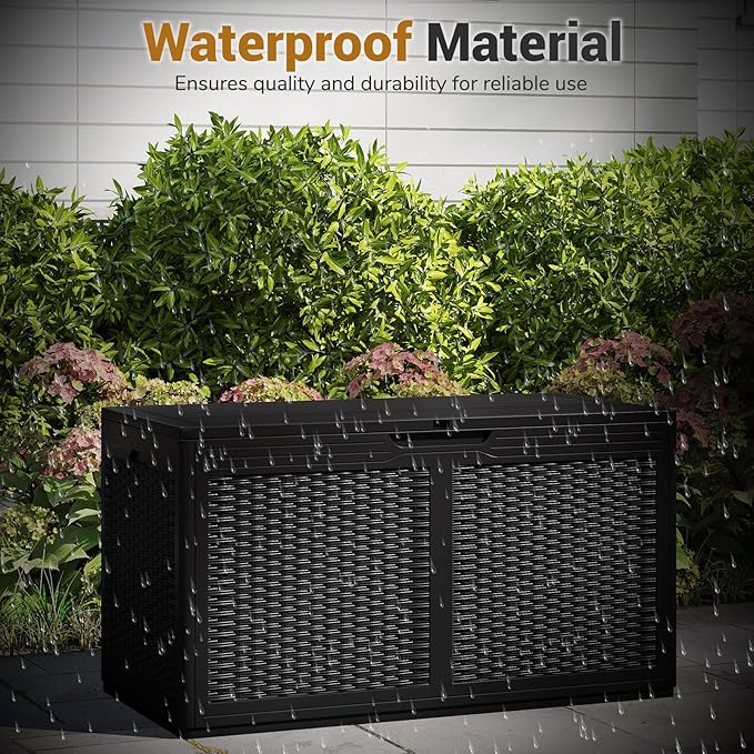 Moccha 100-Gallon Outdoor Storage Box - Waterproof Resin Deck Box with Lockable Lid & Wheels, Faux Rattan Outdoor Storage Bench for Pool Accessories, Garden Tool, Patio Furniture Cushion (Black)
