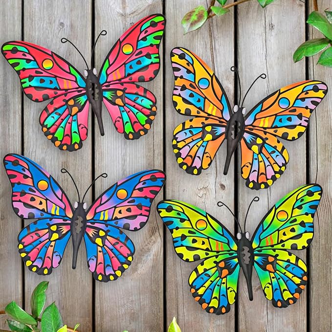 4 Pack Outdoor Butterfly Wall Decor - 9.6 inches Metal Butterfly Wall Art Decorartion for Yard Fence Garden Patio Balcony
