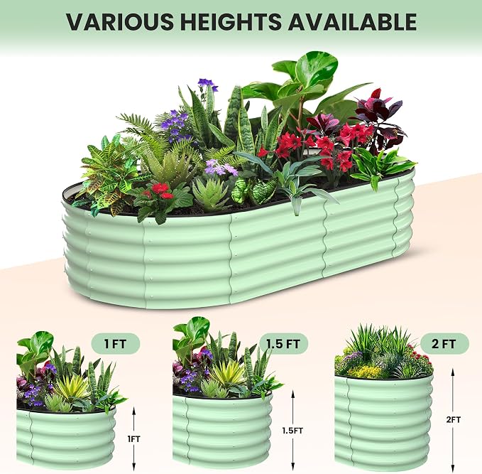 GarveeLife 2 Pcs 6x3x1 ft Oval Raised Garden Bed, Galvanized Raised Beds,Open-Ended Base Metal Raised Planter Beds,Garden Bed Outdoor,Planter Raised Boxes for Vegetables, Flowers,Tool-Free Asse,Green