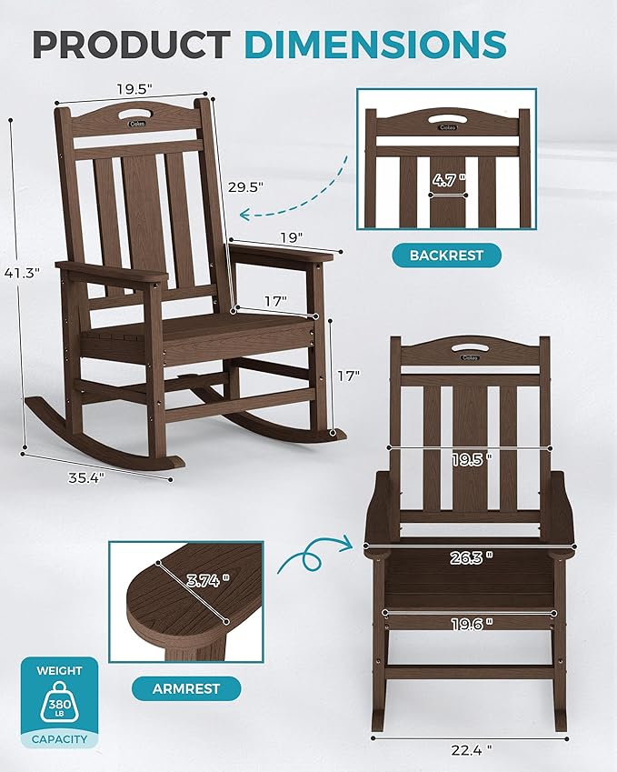 Ciokea Outdoor Rocking Chair, HDPE Porch Rocking Chairs for Outside, All-Weather Comfortable Patio Rockers for Front Deck Balcony, Espresso