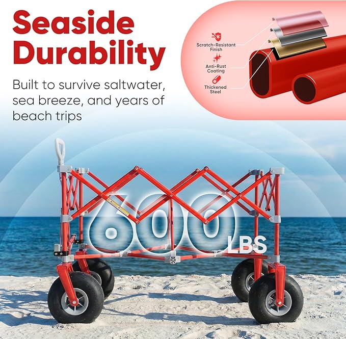 Sekey Heavy Duty Beach Wagon with 9" Big Sand-Proof Wheels – 600lb Capacity, 200L Oversized Foldable Cart | Adjustable Handle & All-Terrain Tires for Sand, Camping, Groceries