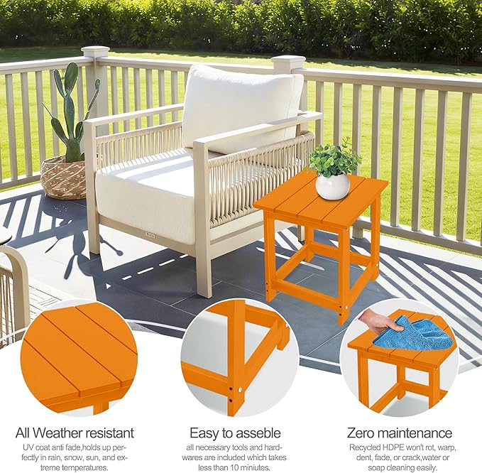LZRS Square Patio Side Table, Heavy Duty HDPE Outdoor End Table with Wood Texture, Weatherproof Composite Table for Adirondack Chairs, Deck, Pool, Indoor/Outdoor, No Peeling or Cracking(Orange)