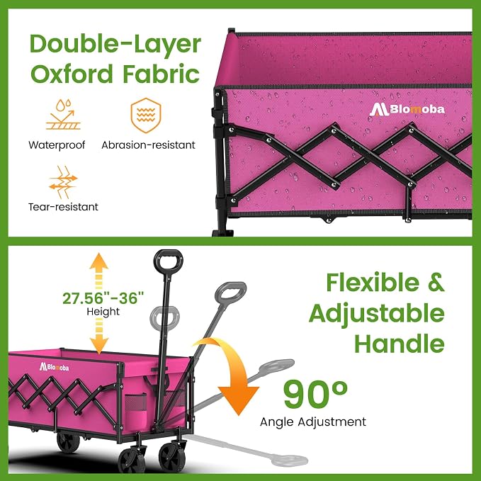 35'' Extra Long Collapsible Wagon with Wheels, 220 LBS Folding Wagon with 360° Swivel Wheels Adjustable Handle, Lightweight Portable Utility Cart for Grocery, Shopping, Garden, Sports, Camping, Pink