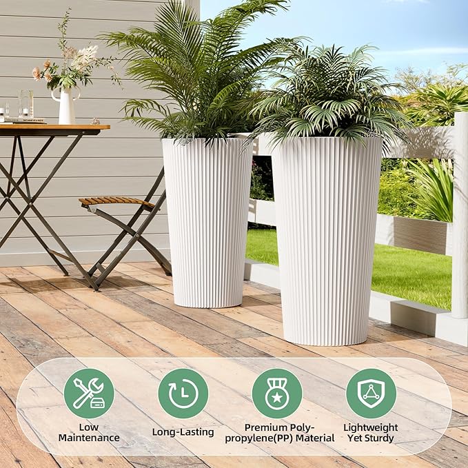 23.6" H Tall Planters for Outdoor Plants, 2 Pack Large Outdoor Planters for Front Porch Decor with Drainage Hole, Plastic Striped Flower Pots Fits Indoor Plants Patio Garden, Black