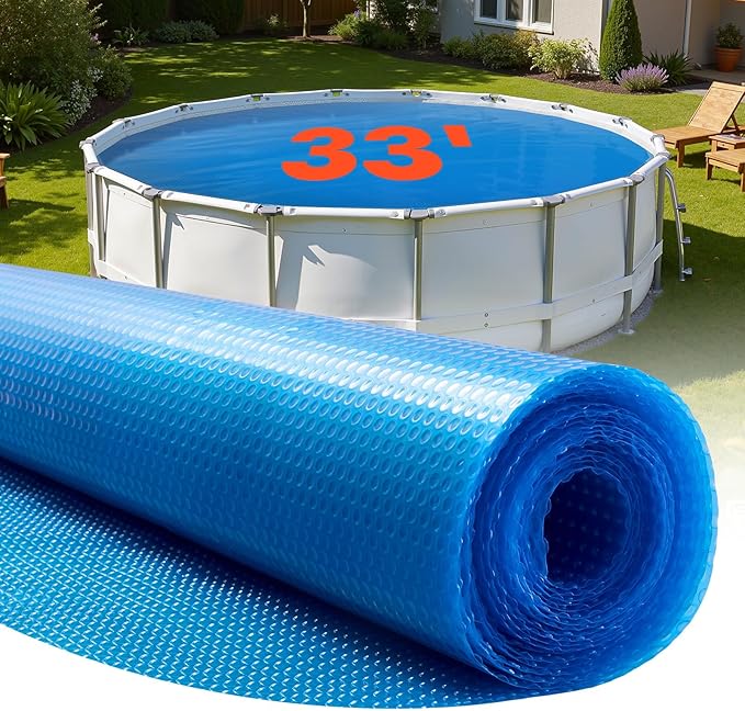 VEVOR Solar Pool Cover, 33 ft Round Pool Bubble Cover, 8 Mil Pools Solar Blanket with Bubble & PE Material, Daytime Heat Absorption, Nighttime Heat Retention, Heat Retaining Solars Covers, Blue