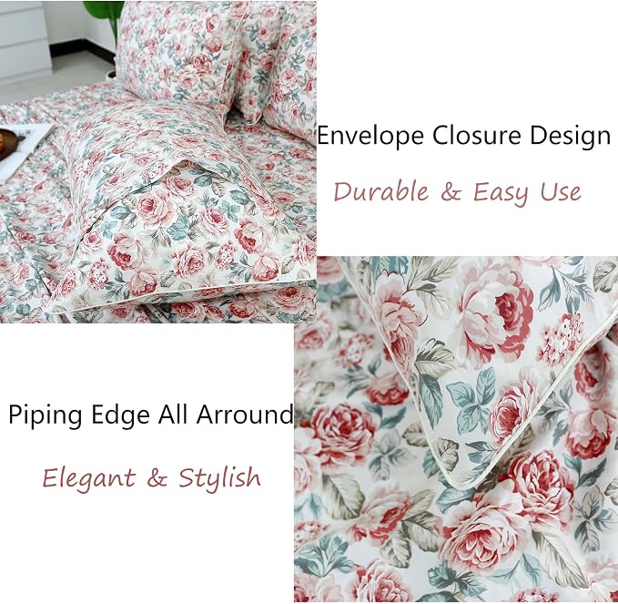 FADFAY Rose Floral Sheets Set King Vintage Red Floral Bedding Shabby Rustic Rose Sheets French Country Farmhouse Bedding 800 Thread Count 100% Egyptian Cotton Deep Pocket Fitted Sheet 4Pcs, King Size