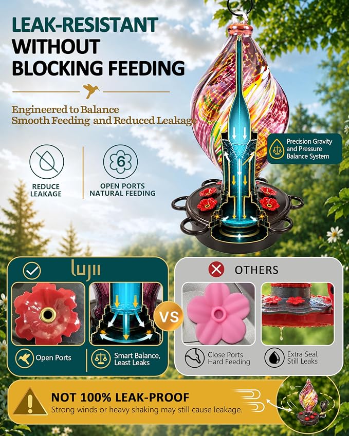 LUJII Smart Hummingbird Feeder with Camera, Hand Blown Glass for Outdoor Hanging, Solar WiFi Feeder with Live View App, 6 Feeding Ports, Leak-Resistant Design, Ant Moat & Gift Box, 28 fl oz, Purple