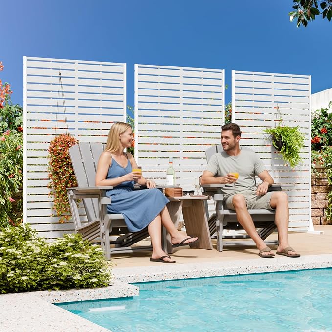 Privacy Screen Outdoor 60" Hx35 W Freestanding Privacy Panel with Stand, HDPE Decorative Privacy Fence with Sandblasting Louver Pattern, Patio Divider Screen, Privacy Screens for Outside