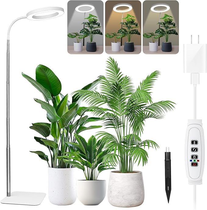 Grow Lights for Indoor Plants - Full Spectrum LED Plant Growing Light with 3H/9H/12H Auto Timer, Height Adjustable (16-67"), 3 Color Modes, 10 Dimming - Sun Lamp for Large Tall Small Plant- White