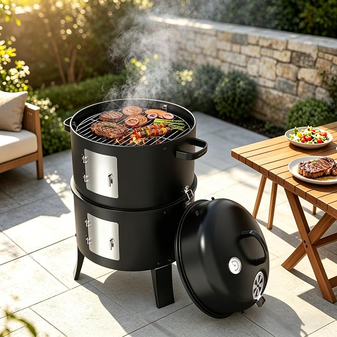 KEYO GRILL 18 Inch Vertical Charcoal Smoker, 3-in-1 Heavy Duty Outdoor BBQ Grill with Thermometer, Portable Camping Barbecue Grill for Garden Patio Beach Backyard