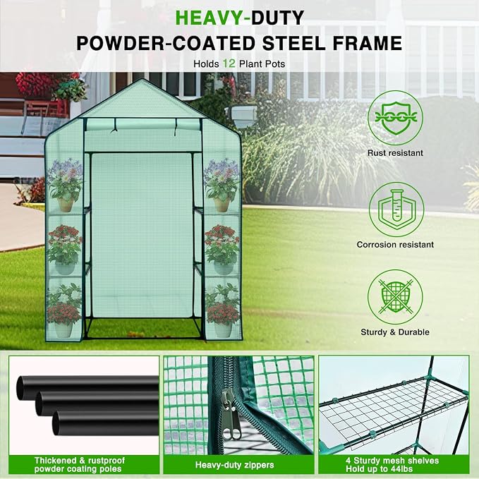 Yesker Greenhouse 57"x29"x77" Walk in Green House - Large Outdoor/Indoor Greenhouses with 4 Shelves Waterproof PE Cover & Windows, Portable Greenhouse Kit for Winter Backyard Gardening Patio, Green