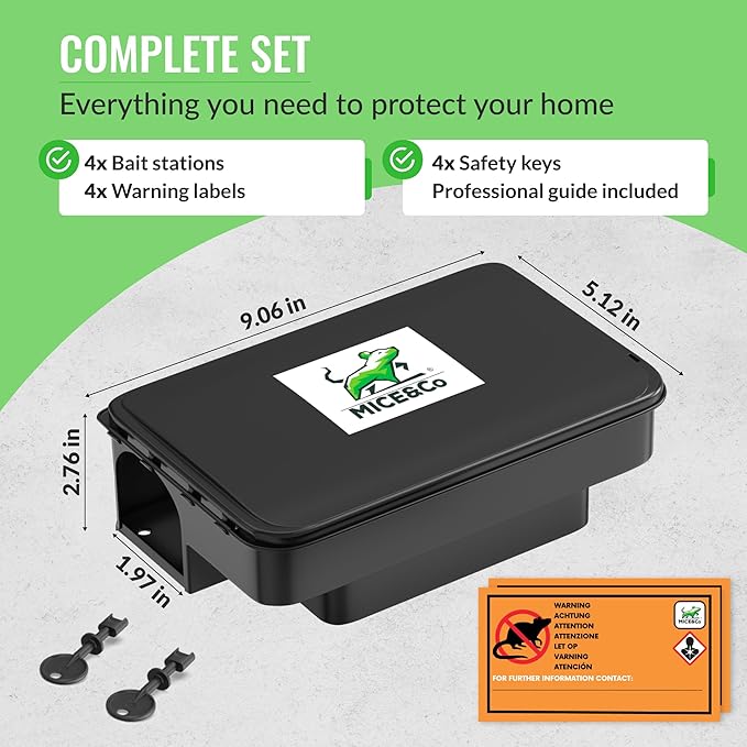 Mice&Co Professional Rat Bait Stations 4 Pack – Lockable Rodent Traps for Outside & Inside – Heavy Duty, Weather-Resistant Bait Boxes with Dual Entry – Tamper-Proof Design – Child & Pet Safe