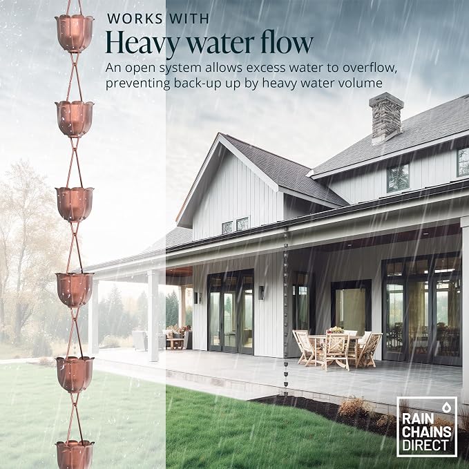 Rain Chains Direct - Flutes Rain Chain - 8.5 FT - Pure Solid Copper - Premium Rain Chains for Gutters