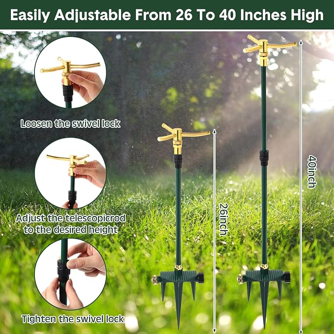 Teenyyou 2 Pcs 3 Arm Rotating Telescoping Sprinkler with Spike and 2 Pcs 360 Degree Rotation Garden Water Sprinklers Metal Lawn Sprinkler for Yard Garden up to 40 Inches for Large Area Coverage