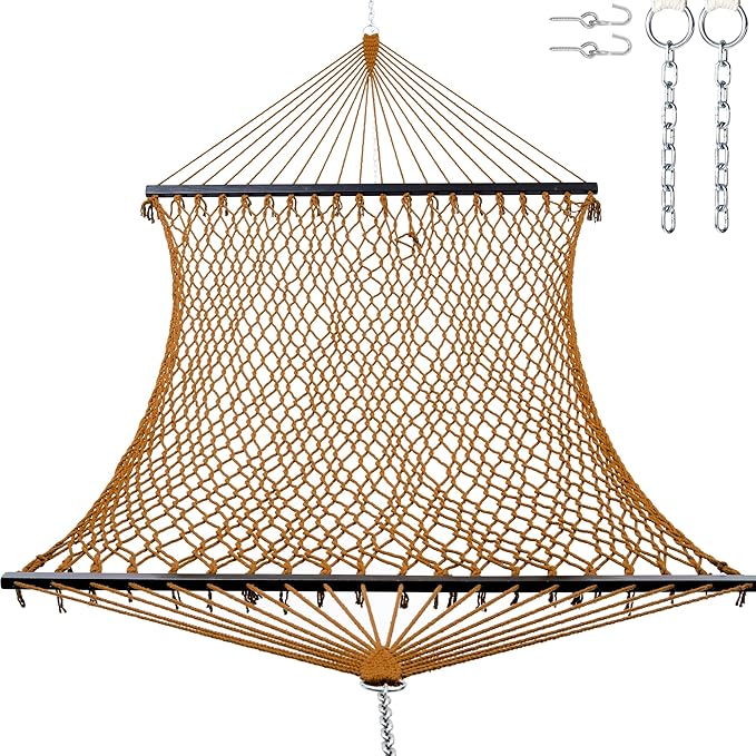 GAFETE 12ft Double Hammocks for Outside, Handwoven Traditional Cotton Rope 2 Person Hammock with Hardwood Spreader Bar, Chains & Hooks for Indoor Outdoor, Max 450 lbs Capacity (Coffee Brown, Medium)