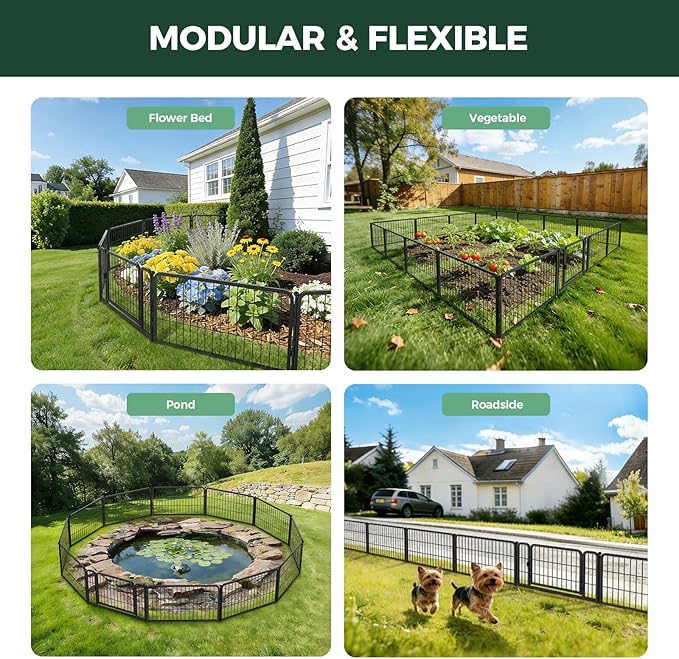 FXW Garden Fence Outdoor for the Yard – 17in(H) x 19.6ft(L) Heavy Duty Metal Animal Barrier for Dog, No Dig Decorative Dog Fence, 8 Panels, Black