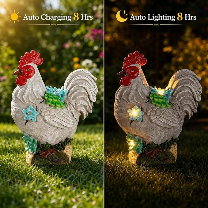 mocosa Solar Garden Statues Gray Rooster and LED Lights Birthday Gifts for Women Mom Grandma Solar Outdoor Cat Decor for Outside,Outdoor Solar Lights for Yard, Garden and Patio, Unique Gift for Women