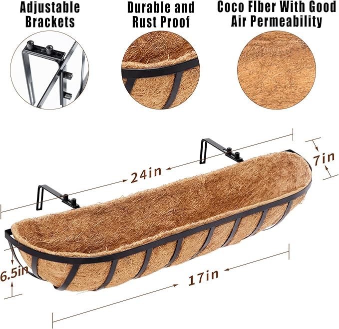 Y&M 24'' Outdoor Planters, 2 Pack Window Boxes with Coconut Coir Liner, Hanging Flower Planter for Balcony, Porch, Fence, Patio Rail