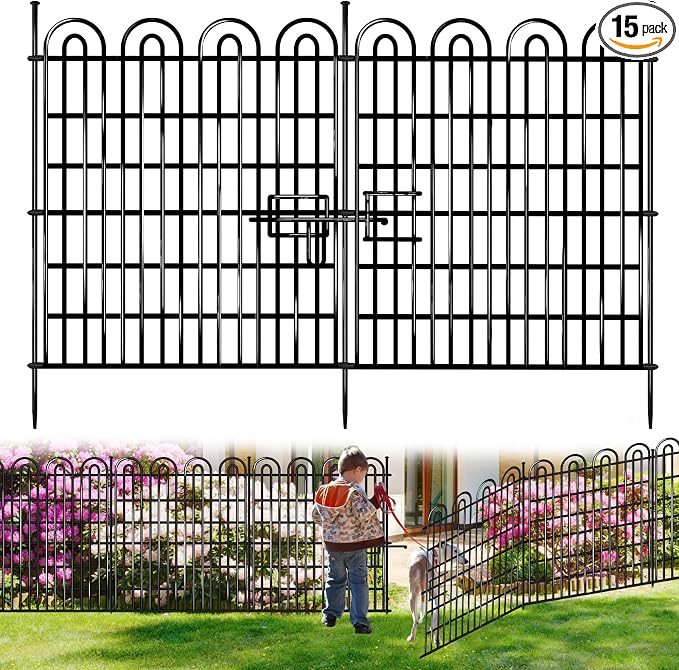 15 Panels Tall Garden Animal Barrier Fence with Gate, 33 in(H) X 36.8 ft(L) No Dig Decorative Garden Fence Outdoor for Yard, Heavy Duty Rustproof Metal Edging Border for Dog, Rabbits