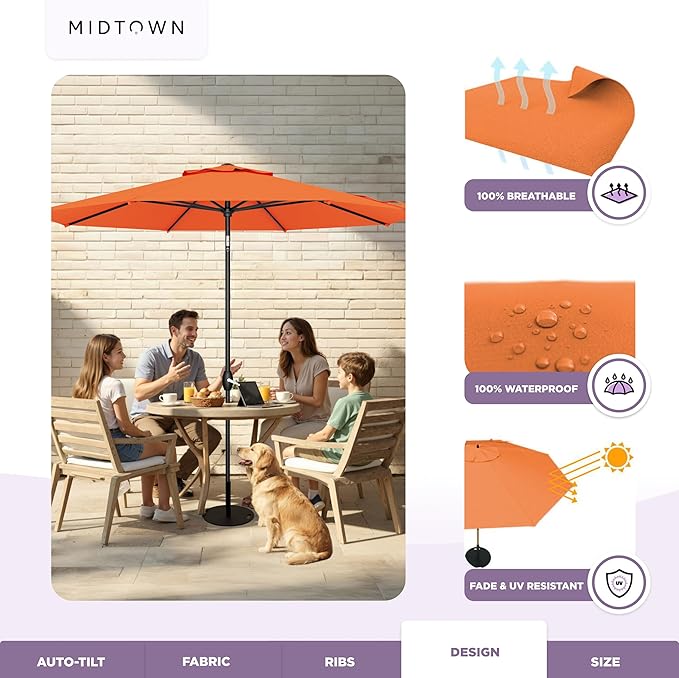 Midtown Umbrellas 10-Year-No-Fade - 8 Ft - UV Proof Bright Orange Polyester Fabric - Umbrella Outdoor Patio, Auto-Tilt Aluminum Frame Patio Umbrella for Garden, Pool & Deck - Black Pole