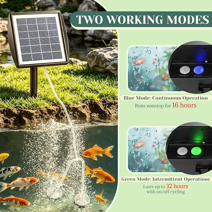 2W Solar Pond Aerator, Solar Air Pump with 2 Air Stones, Dual Working Modes, Solar Aerator for Pond, Fish Tank, Aquarium, Outdoor Fishing