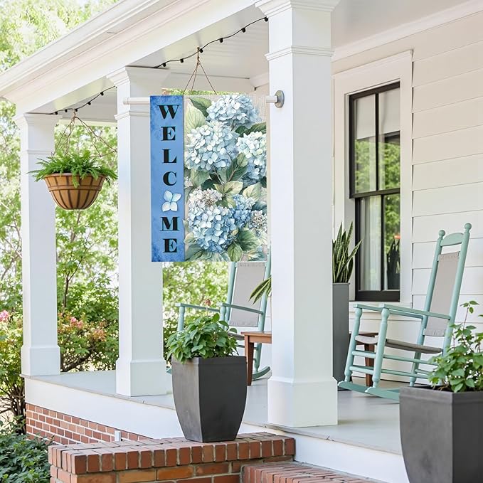 Hydrangea Garden Flags Welcome Spring Summer House Banners Blue Floral Oversized Yard Flag for Outside Double Side Purple Hydrangeas Flowers Rustic Banner Decor Large Size 28 x 40 Inch