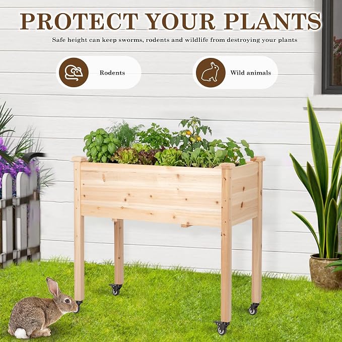 Raised Garden Bed with Lockable Wheels, 32x16x32 inch Elevated Wood Planter with Protective Liner for Vegetable Flower Herb Outdoor Balcony Patio Backyard, Natural