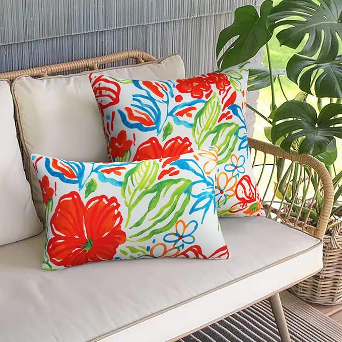 Merrycolor Set of 2 Outdoor Throw Pillow Covers Colorful Decorative Waterproof Outdoor Lumbar Pillows for Patio Furniture Tent Balcony Couch Sofa 12x20 Inch
