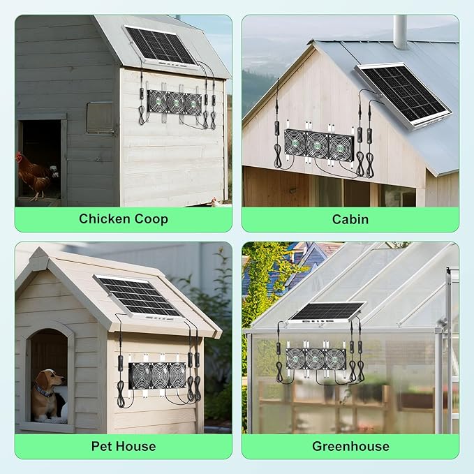 Solar Greenhouse Fan 3 Kit, 30W Large Solar Powered Exhaust and Intake Fan Outdoor Waterproof, Strong Airflow, 16.5ft Cord, for Chicken Coop Shed Air Ventilation and Circulation, No Battery