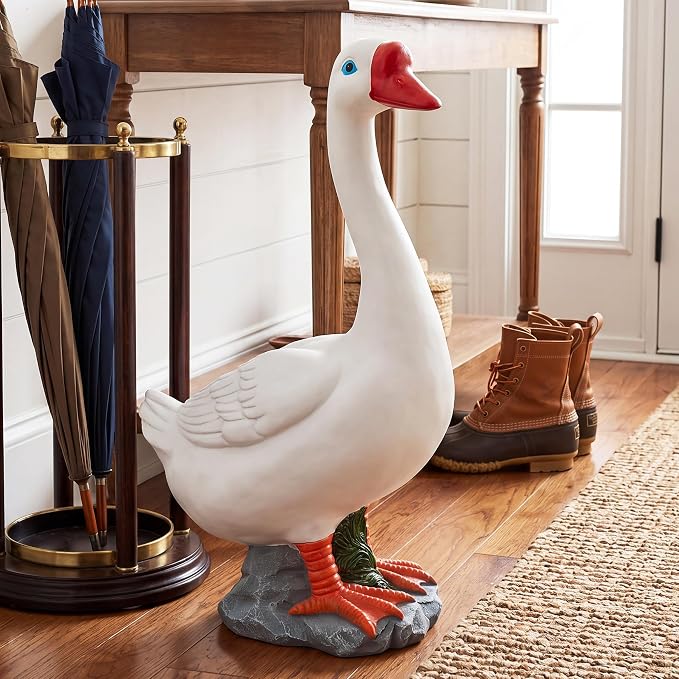 Porch Goose Statue - 19.5" Garden Resin Goose Decorative Figurine Duck Sculpture for Outdoor Indoor Patio Lawn Decor Gift for Women Mom