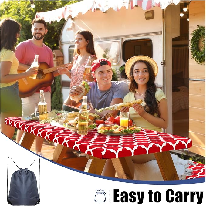Smiry Picnic Table Cover with Bench Covers, Waterproof Elastic Fitted Tablecloth for 6 Foot Tables, Washable Polyester Tablecloths for Camping, Indoor & Outdoor (Red, 30x72 Inch 3-pc Set)