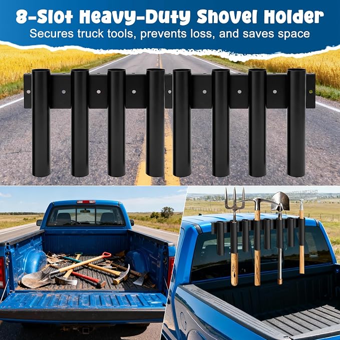 Shovel Holder for Truck, Heavy Duty 8-Hole Metal Shovel Storage Rack with Bolt-On Holes, Black Truck Box Tool Mount Rack Shovel Holder for Trimmers, Rakes, Hoes, Landscape Hand Tools Bed Mount