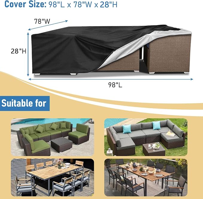 AKEfit Patio Furniture Covers,500D Heavy Duty Waterproof for Outdoor Square and Retangle Patio Table and Chair Covers,Black -98"L x 78"W x 28"H