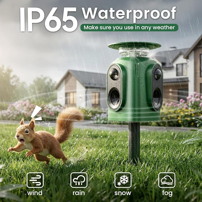 360° Solar Ultrasonic Animal Repellent Outdoor, Deer Repellent Devices with Motion Sensor, IP65 Waterproof Cat Deterrent for Yard, Effective Repel Squirrel, Rabbit, Dog - Green