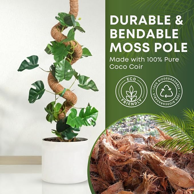 Bendable Moss Pole for Plants | 2 Pack 48 Inch Tall Moss Pole Monstera Plant Support | Large Poles for Climbing Plants | Handmade Coco Coir Plant Pole Sticks for Pothos