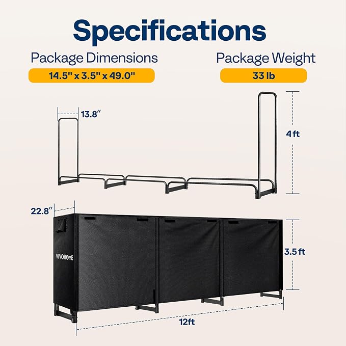 VIVOHOME 12 ft Heavy Duty Firewood Rack Outdoor with Cover, Fire Wood Storage Rack, Log Holder and Cover Combo Set with Zipper, Black
