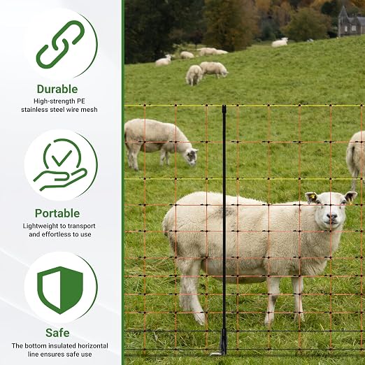 Electric Fence Netting 48"H x 164'L | with Posts and Double-Spiked Stakes, Portable Livestock Nets for Backyards, Homesteads, Gardens, Farms, and Ranches