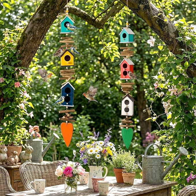 2 Pack Birdhouse Bird Feeders for Outdoor, Colourful Hanging Wooden Bird Feeder Outside Garden Yard Farmhouse Birds Feeders for Country Yard Garden Decoration for Cardinals Finches Chickadees