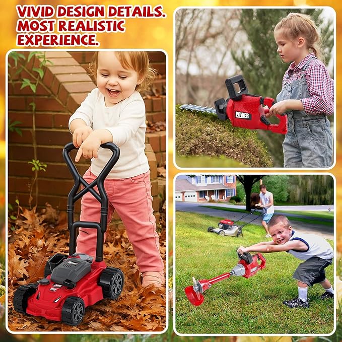Arrowbash 4 Pcs Toy Gardening Tool Set for Kids Toy Weed Trimmer Chainsaw Hedge Trimmer Push Lawn Mower Battery Role Play Set Christmas Birthday Party Gift for Boys Girls