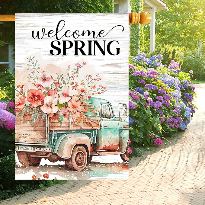 Spring Flags 28"x40" Double Sided Welcome Floral Truck Spring House Flag Burlap Yard Garden Banner for Outdoor Porch Decoration