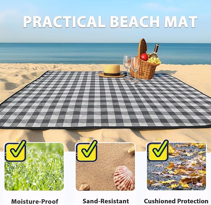 TigeJoy Extra Large Picnic Blanket Waterproof Foldable 80''x118'', Outdoor Picnic Mat Beach Blanket Sandproof for Park, Grass, Travel, Hiking, Camping Essentials, Gingham Picnic Blanket