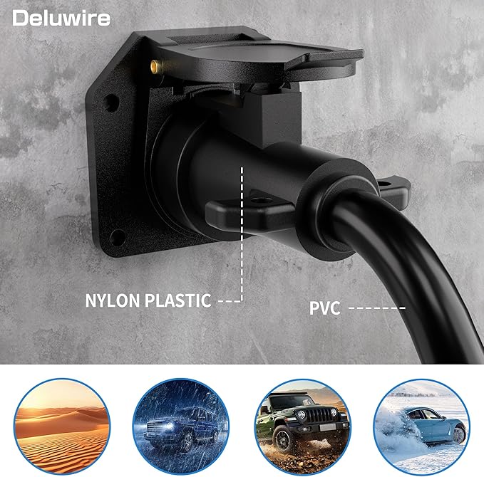 Deluwire 4 FT 7 Pin Trailer Plug, Heavy Duty Trailer Wiring Harness, 7 Way Trailer Cord with Double Prongs Connector for Trailers, RVs, Campers