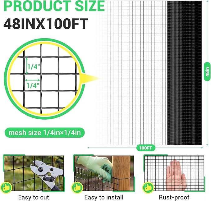 Land Guard 48 inch×100 ft Black Vinyl Coated Hardware Cloth, 1/4 inch Black PVC Hardware Cloth, Black Welded Wire Fence Supports Poultry Netting Cage Fence