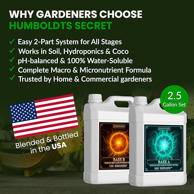 Humboldts Secret Base A & B Liquid Hydroponic Fertilizer | Complete Hydroponic Nutrients for Indoor and Outdoor Plants | Supports Healthy Vegetative Growth and Flowering Stage | 2.5 Gallon