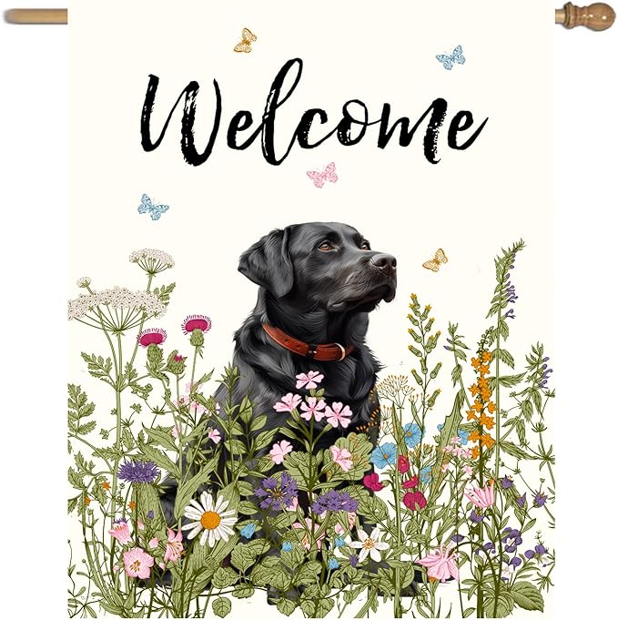 Floral Black Lab Garden Flag Spring Summer House Flags 28x40 Double Sided Flower Labrador Dog Yard Flags for Outside Lawn Large Outdoor Welcome Flags