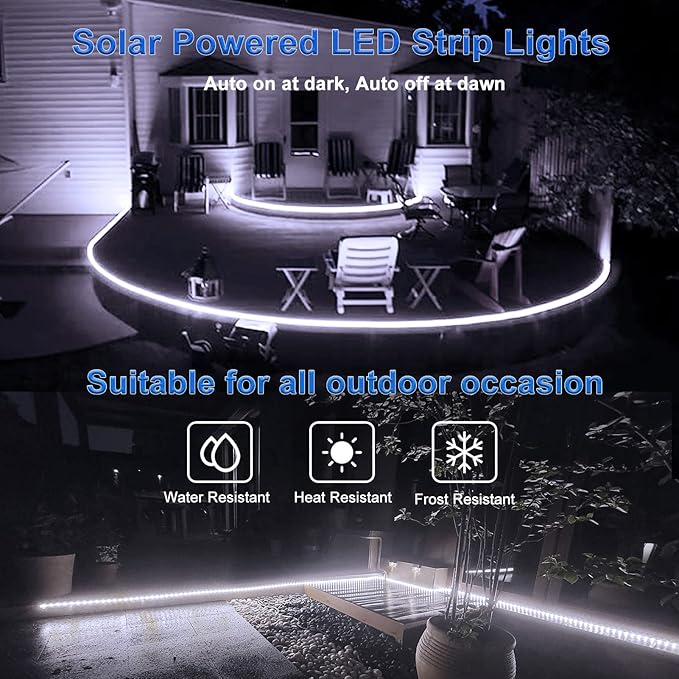 echosari Solar Powered Strip Lights Outdoor Waterproof, 16.4Ft 320 LED Strip Lights with Remote Timer 8 Modes Full Covered Strip Rope Lights for Stair Patio Walkway Decor (Cool White)